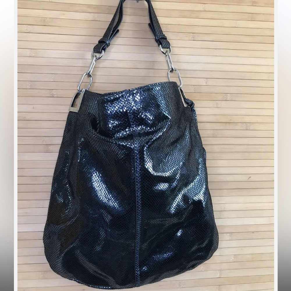 Badgley Mischka Gaia Stitch Metallic Hobo Bag in Pewter Snakeskin - NWT